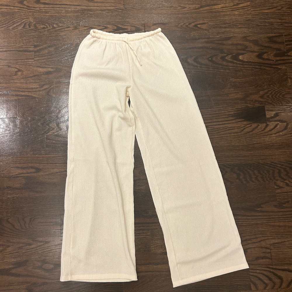 Cream Straight Leg Textured Pants